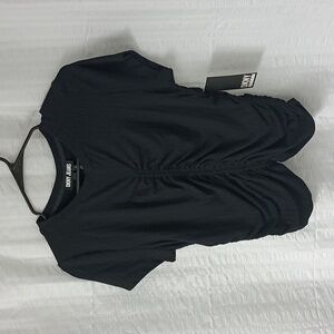 DKNY Black Ruched Crewneck Rib Knit Top L